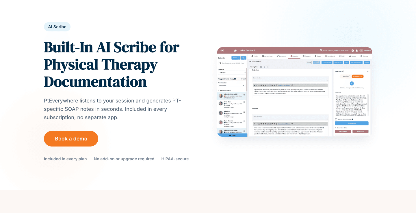 PtEverywhere's AI Scribe page: Built-In AI Scribe for Physical Therapy Documentation