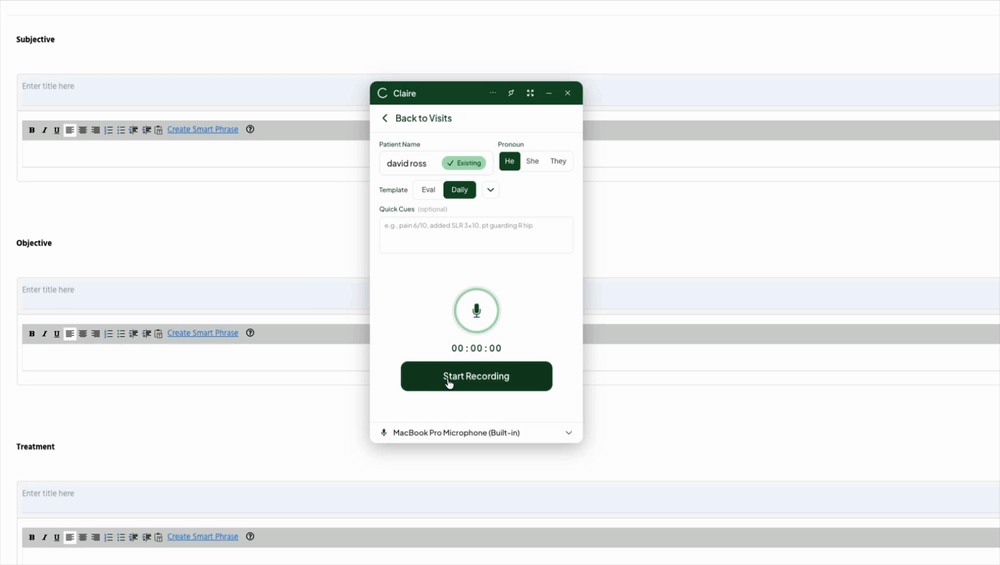 Claire's Chrome extension starting, pausing and resuming a recording on top of an open EMR daily note